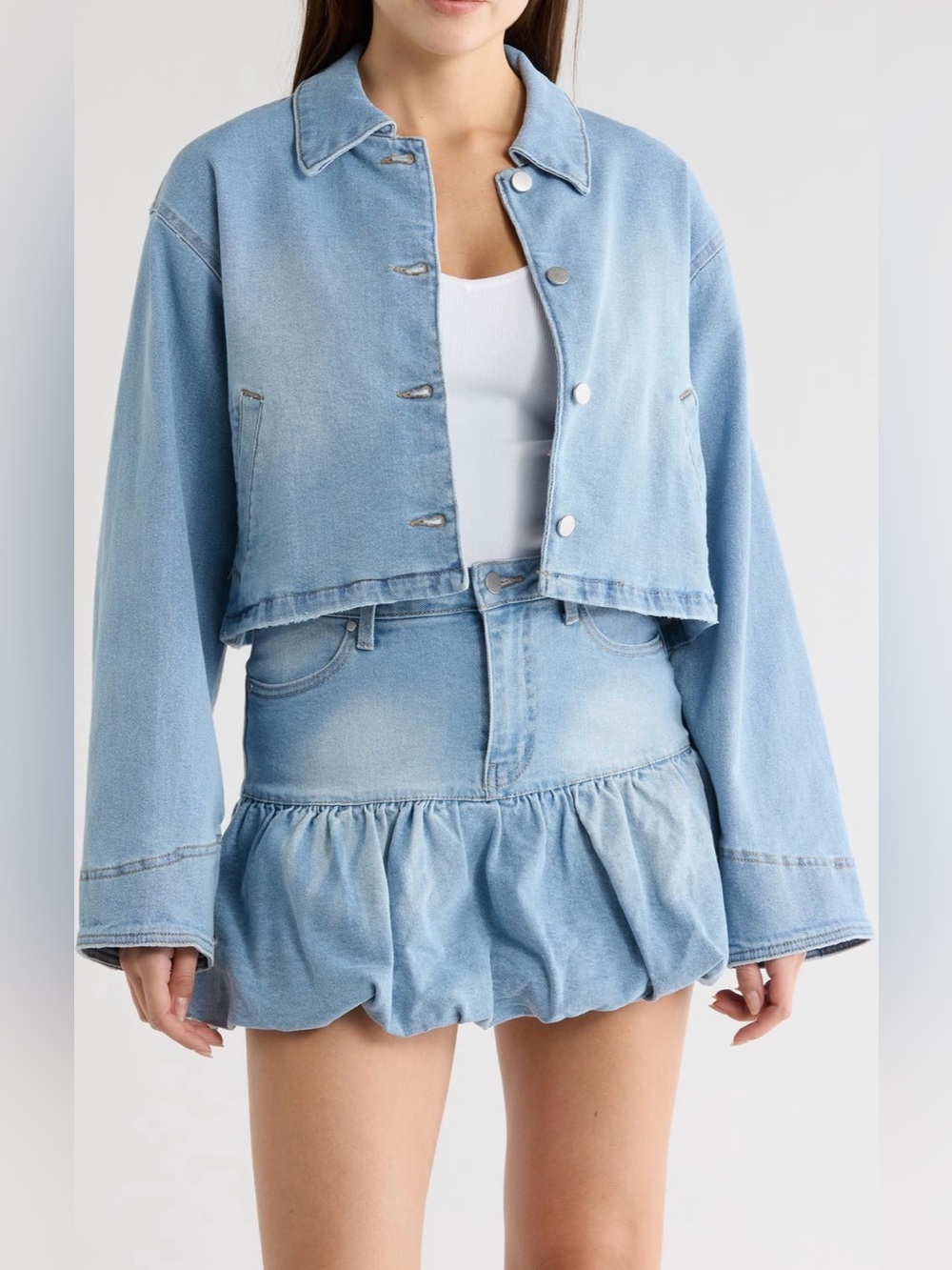 SET-AFRM LOS ANGELES Winslow Denim Jacket & Bubble Hem Miniskirt Sunrise Vintage